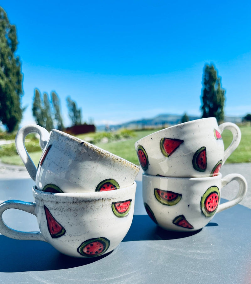 Handmade ceramic mugs with handpainted watermelon design